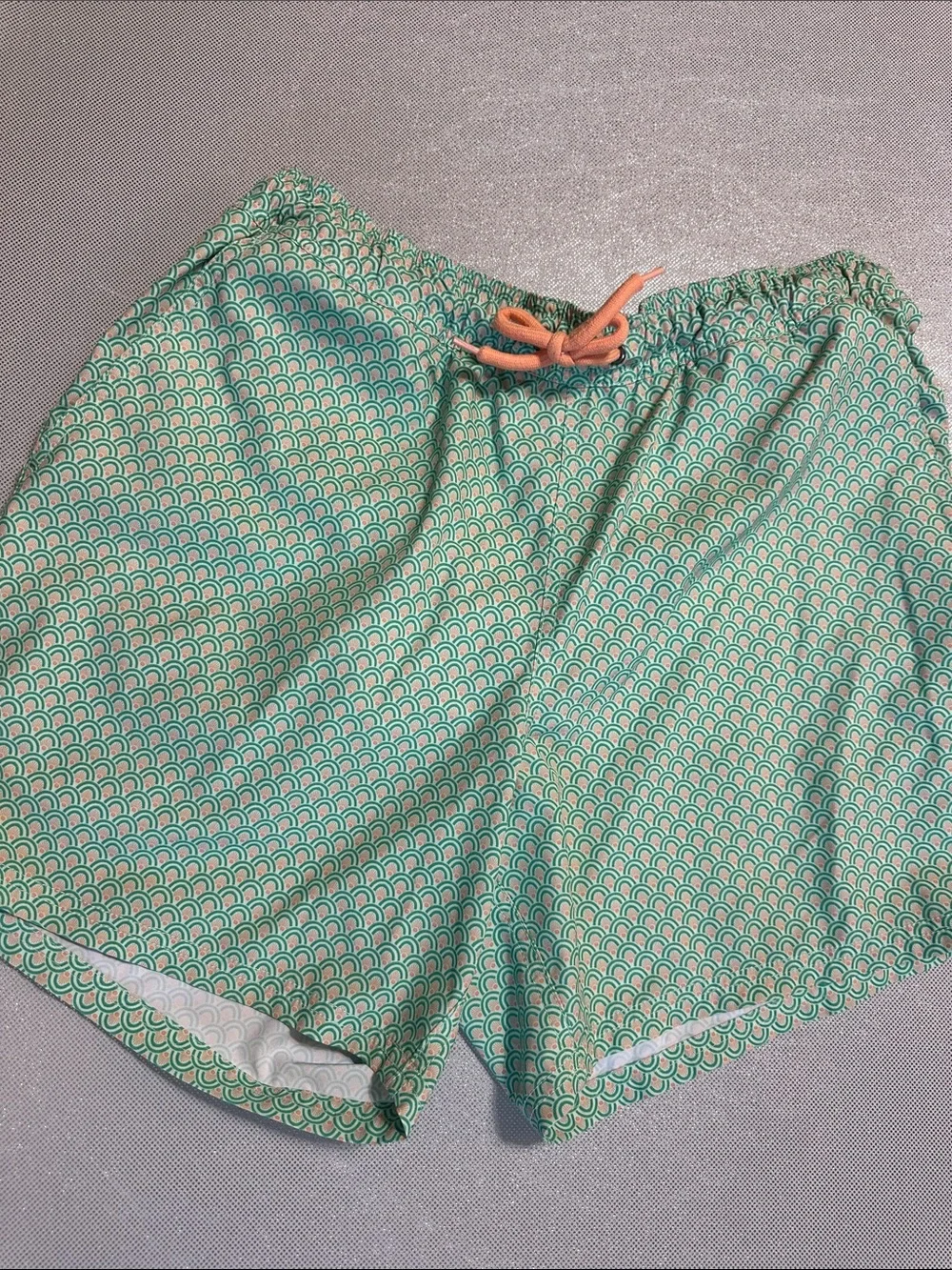 J. Crew Mint Green Scallop-Print Swim Shorts with Coral Accent